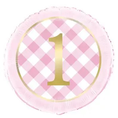 1st Birthday Lyserød-Ternet Folieballon, 45 cm | Premium kvalitet