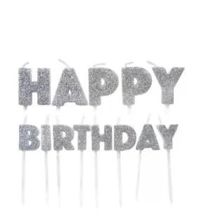 "Happy Birthday" Kagelys 13 stk., Sølv Glitter - Fabrikspris